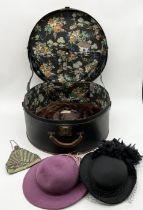 A vintage hatbox with French beaded purse, two vintage hats and a fur bolero by John Renfrew,