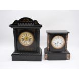 A slate mantel clock along with a painted wooden mantel clock by 'H. A. C.' of Wurttemberg