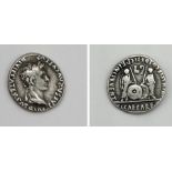 Roman silver Denarius coin of Augustus with Gaius and Lucius Caesar standing facing with two shields