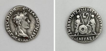Roman silver Denarius coin of Augustus with Gaius and Lucius Caesar standing facing with two shields