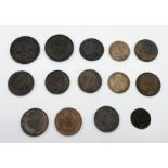 A collection of copper coinage and tokens including; 1837 US Cent with Liberty head, Victorian