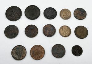 A collection of copper coinage and tokens including; 1837 US Cent with Liberty head, Victorian