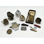 A collection of various items including novelty lighters, AA badge, G Smith & Sons snuff box,