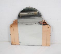 An Art Deco wall mirror with bevel edge glass and peach glass - 79cm x 69cm