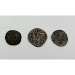 A Commonwealth (1649-1660) half groat and quarter groat along with a Charles I Rose Farthing