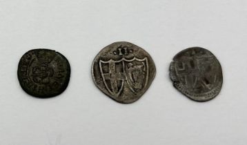 A Commonwealth (1649-1660) half groat and quarter groat along with a Charles I Rose Farthing