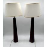 A pair of modern wooden lamps, approx height with shade 70cm.