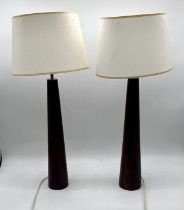 A pair of modern wooden lamps, approx height with shade 70cm.