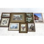 A collection of eight framed oils, watercolours and prints. Readable signatures include, Conti and