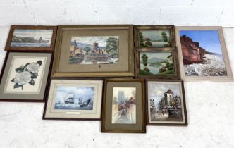 A collection of eight framed oils, watercolours and prints. Readable signatures include, Conti and