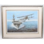 'Viceless Lady' framed print of a biplane leaving an aircraft carrier signed Ian Berryman - 54.5cm x