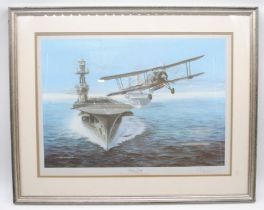 'Viceless Lady' framed print of a biplane leaving an aircraft carrier signed Ian Berryman - 54.5cm x