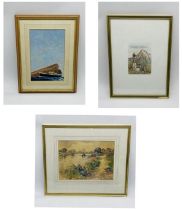 Two framed watercolours and one etching including a riverbank scene "Bridge over the River Otter"