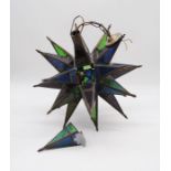 A vintage star shaped coloured glass ceiling light pendant - one part loose but present, A/F -