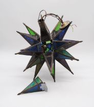 A vintage star shaped coloured glass ceiling light pendant - one part loose but present, A/F -