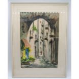A framed watercolour of a street scene, with indistinct signature - 78cm x 58cm