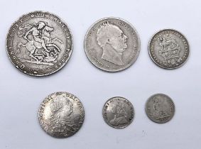 A collection of George III and IV silver coinage including 1819 Crown, 1836 half crown, 1826