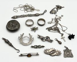 A collection of silver jewellery along with an SCM pill box