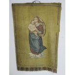 A wall hanging depicting Madonna and child with silk backing- some losses and damage,