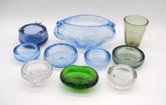 A collection of controlled bubble art glass, including Whitefriars