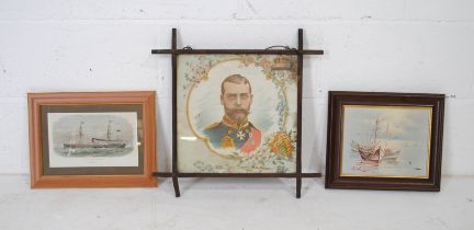 A framed oil on board of boats with indistinct signature, along with two other framed pictures