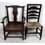 Two vintage oak chairs, one carver, one ladderback.