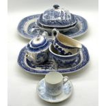 A collection of vintage blue and white china, meat plates, tea pots, also includes a Queen