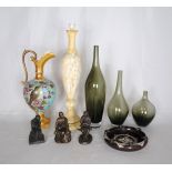 A quantity of various ceramics and glass, including a set of three glass vases, three resin figures,