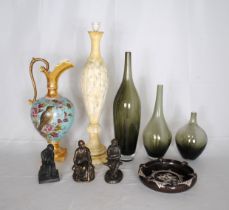 A quantity of various ceramics and glass, including a set of three glass vases, three resin figures,