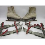 A pair of Polar Astor vintage ice skates along with two pairs of snow shoes