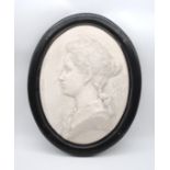 A framed oval plaster portrait plaque of a lady, marked 'G Trudhomme, Olbger, 1894' - 49cm x 62cm