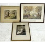 Two framed Helen Bradley prints along with an etching of "The Apple-Seller" by D. Mordant of a