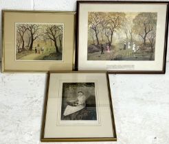 Two framed Helen Bradley prints along with an etching of "The Apple-Seller" by D. Mordant of a