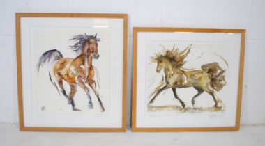 Two framed watercolours of horses by Yvonne Edwards, 'Trotting' and 'Cantering', dated 2008