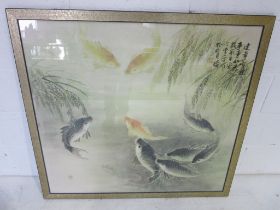 A large Japanese print of Koi carp, 96cm x 104cm