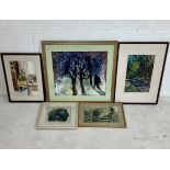 A collection of framed art by local artist Sue Warren. A watercolour "The Green Chair", a handmade