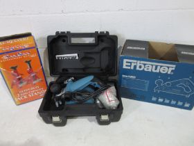 An unused Erbauer 3mm planer in carry case model number ERB905D along with a pair of Toolrack 2