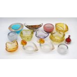 A collection of art glass bowls and ash trays, including Murano, Rudolf Junrikl for Sklo Union etc.