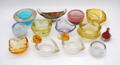 A collection of art glass bowls and ash trays, including Murano, Rudolf Junrikl for Sklo Union etc.