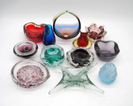 A collection of various art glass, including a Whitefriars blue vase, Liskeard knobbly dishes,