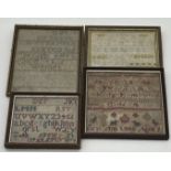 Four small framed samplers, one is dated 1821.
