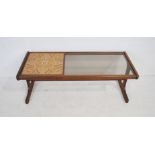 A mid century tile and smoked glass top coffee table - length 121cm, depth 50cm, height 45cm