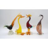 A collection of four art glass birds, including a Murano duck, Murano pheasant etc - one with a