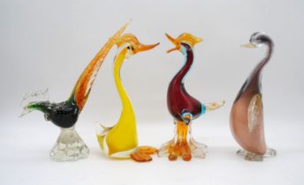 A collection of four art glass birds, including a Murano duck, Murano pheasant etc - one with a