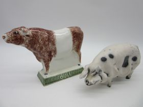 A Raku figure of a sow signed JB and dated October '06 (some losses) along with a Rye pottery figure