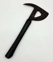 A military style escape axe with rubber handle and shaped head