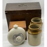 A Doultons Thermette bed warmer, two stoneware jugs, two wooden boxes etc