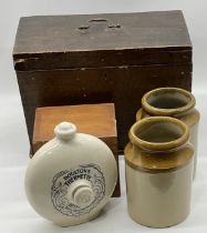 A Doultons Thermette bed warmer, two stoneware jugs, two wooden boxes etc