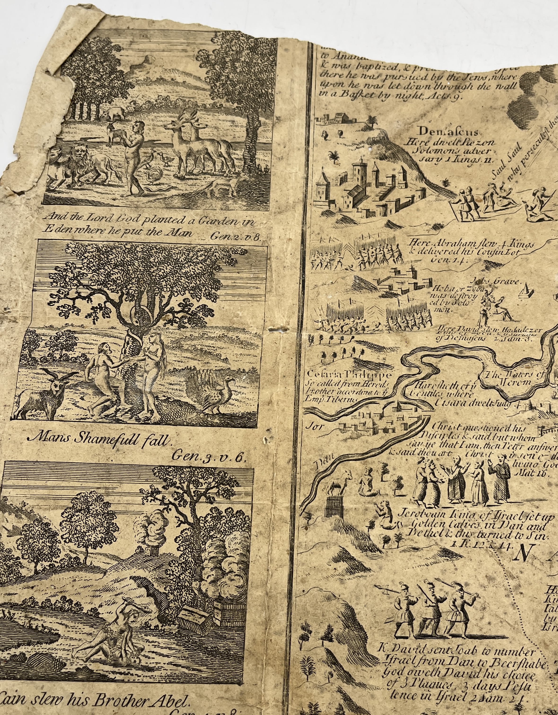 An 18th century etched map of the the holy lands with numerous biblical extracts and etchings of - Image 4 of 5
