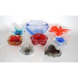 A collection of art glass bowls and dishes, including Murano, Whitefriars etc.